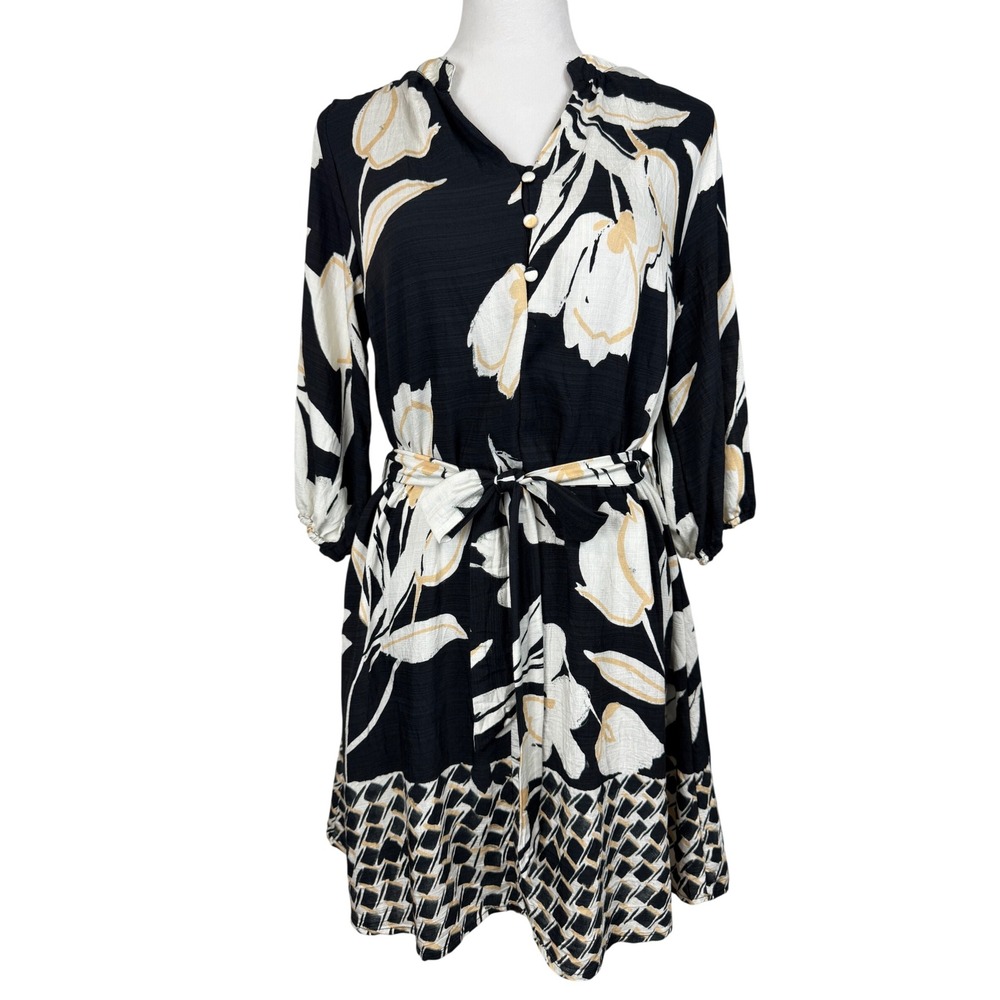 Umgee Women Dress S Black Floral Rayon Blend Mini Belted V-Neck 3/4 Sleeve